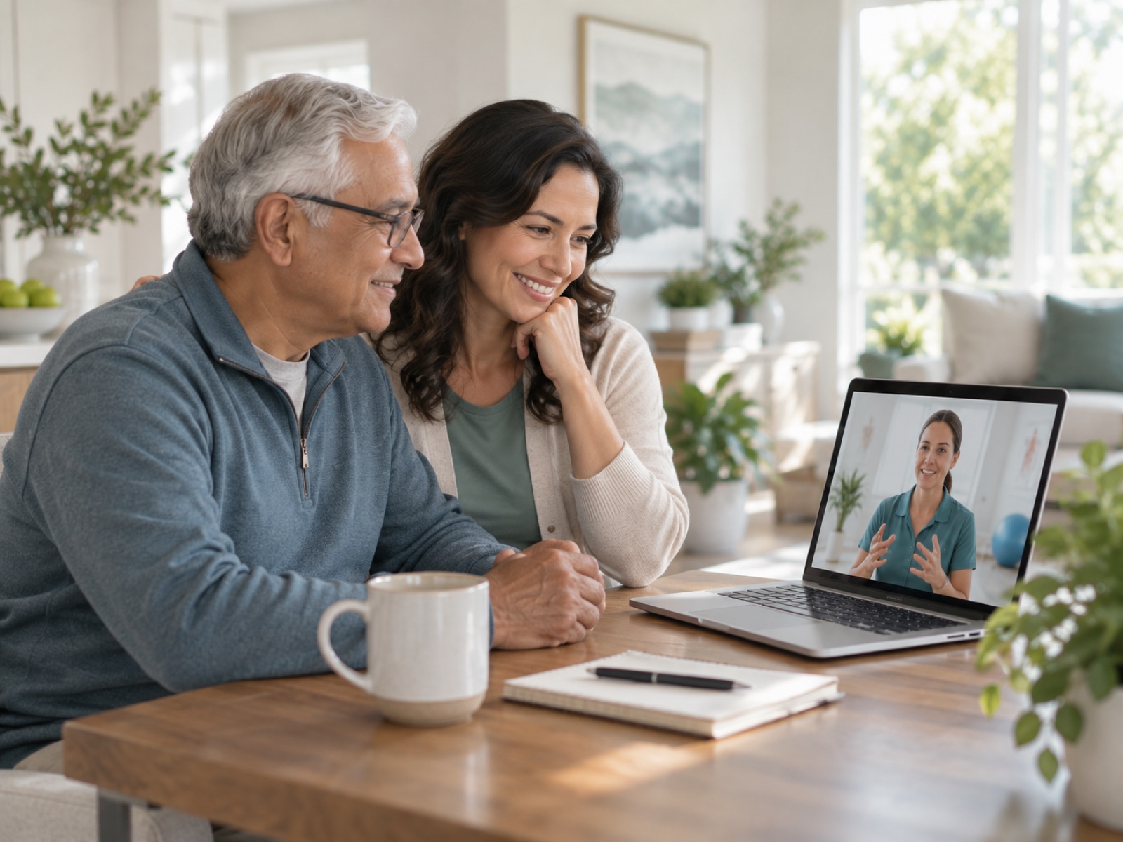 An older man and his daughter on a video visit with a Nurtura physical therapist